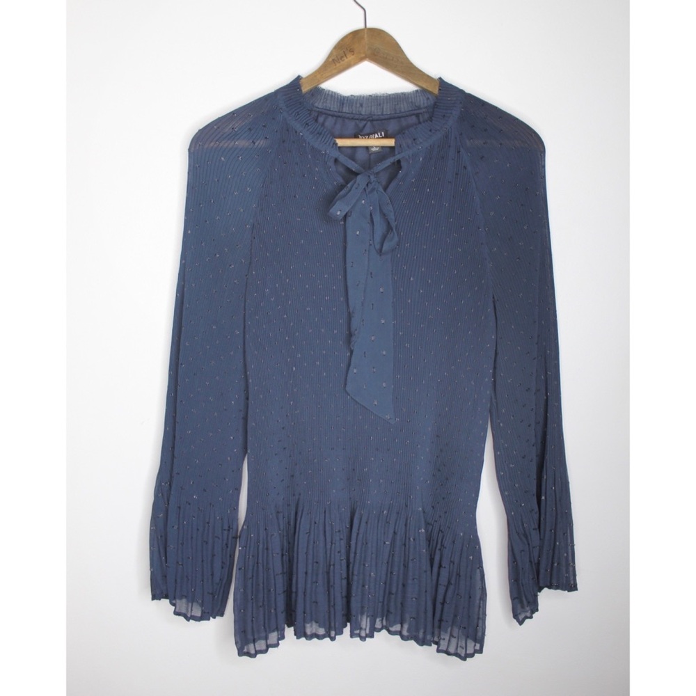 Roz Ali Butterfly Sleeve Pleated Pussybow Dot Blouse Large